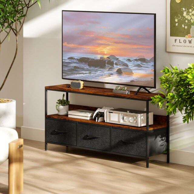 TV Stand Cabinet with 2 Foldable Drawers 98*29*56 cm Steel 1 Piece TV Cabinet Rustic Brown with Foldable Drawers