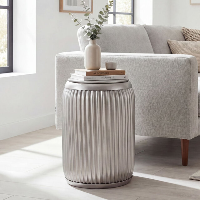 Gold Ridged Metal Side Table with Storage