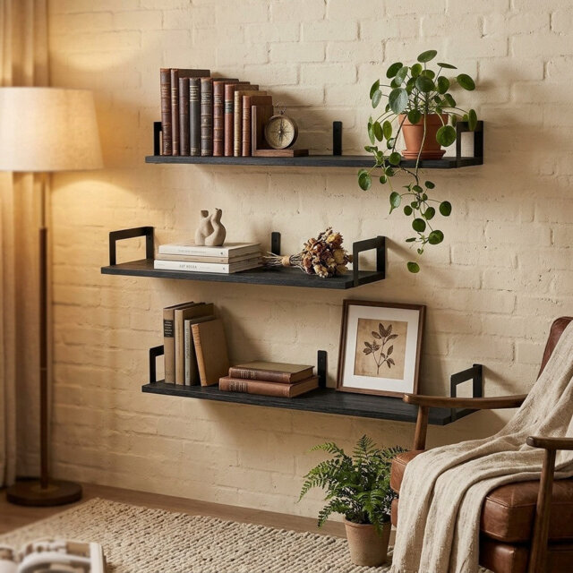 Set of 3 Large 91 cm Floating Wood Wall Shelves for Books & Decor