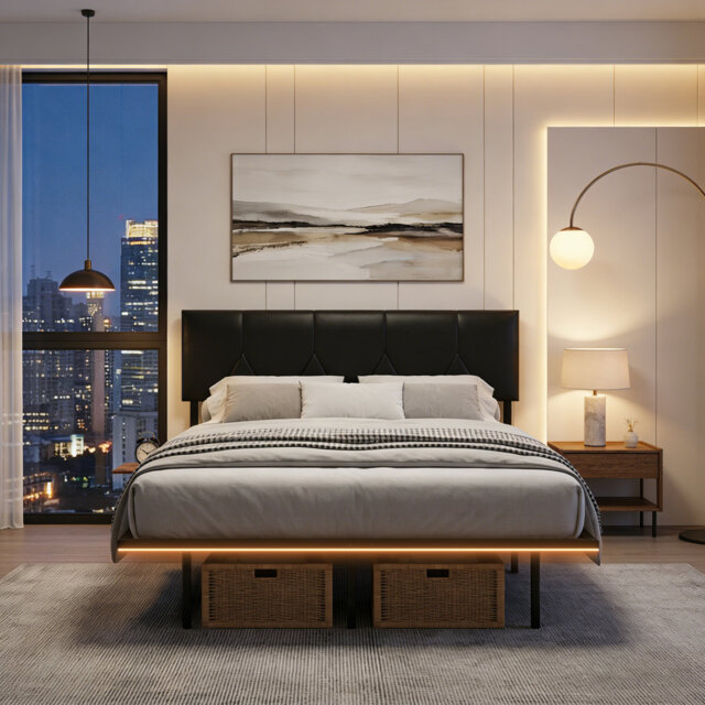 Aether Upholstered Floating Bed Frame with Charging Shelves & Lighting, Metal Platform, No Box Spring Needed