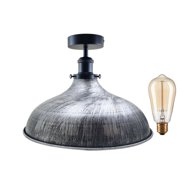 Industrial Ceiling Light E27 Flush Mount 36cm Brushed Silver Lampshade Metal for Living Room Bedroom Porch Café