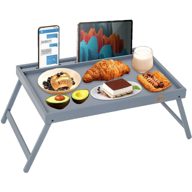 Mantraraj Bamboo Wooden Breakfast Serving Table With Folding Legs Slot For Phone Tablet Snack Tray