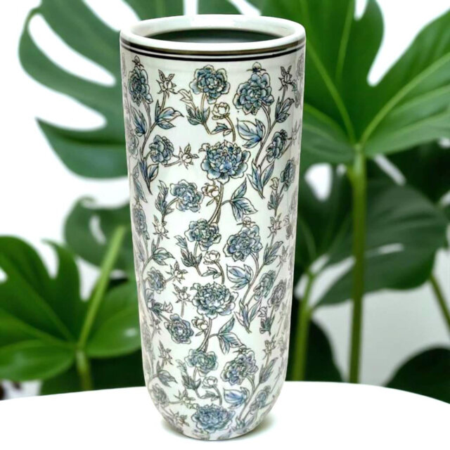 "Vintage Ceramic Freestanding Umbrella & Walking Stick Stand – Glazed Vase, 18"" x 8"", Elegant Home Décor Accent"