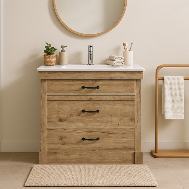 Donovan Vanity With White Sink 1 Pull Down And 2 Drawers Light Oak