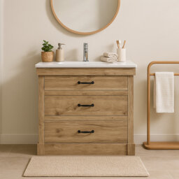 Donovan Vanity With White Sink 1 Pull Down And 2 Drawers Light Oak