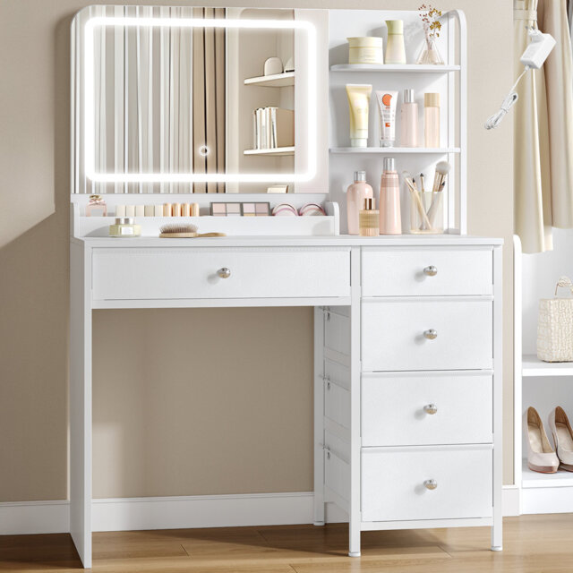 Dressing Table with LED Lighting, Vanity Desk with Mirror, 5 Drawers, 2 Storage Shelves, Adjustable Brightness, Makeup Vanity Table for Bedroom White