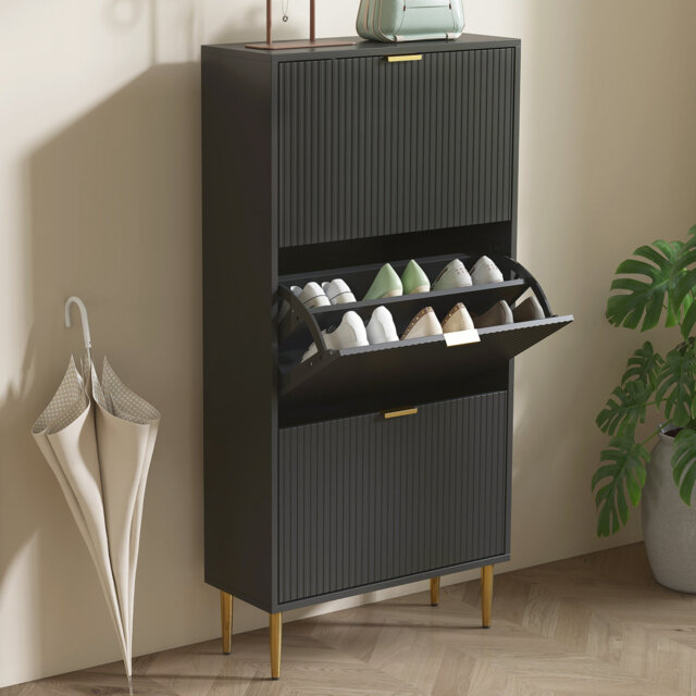 HOMCOM Narrow Shoe Cabinet with 3 Flip Drawers, 9-18 Pairs, Black