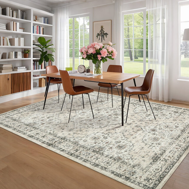 "6.6×9.5Ft Beige Vintage Distressed Area Rug - Ultra-Thin 0.25"" Low Pile Non-Shedding Non-Slip Rug for Living Room Bedroom Hallway"