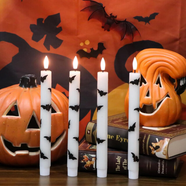 "Halloween Flameless Taper Candles - 4 Pack, Remote Timer, 9.65"" Flickering LED, Real Wax with Bat Prints, Battery-Operated, Halloween Decor"