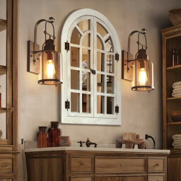 Arched Window Pane Wall Mirror 24 x 36 Inch, Rustic Farmhouse Wooden Frame Decorative Mirror for Bathroom, Hallway or Living Room