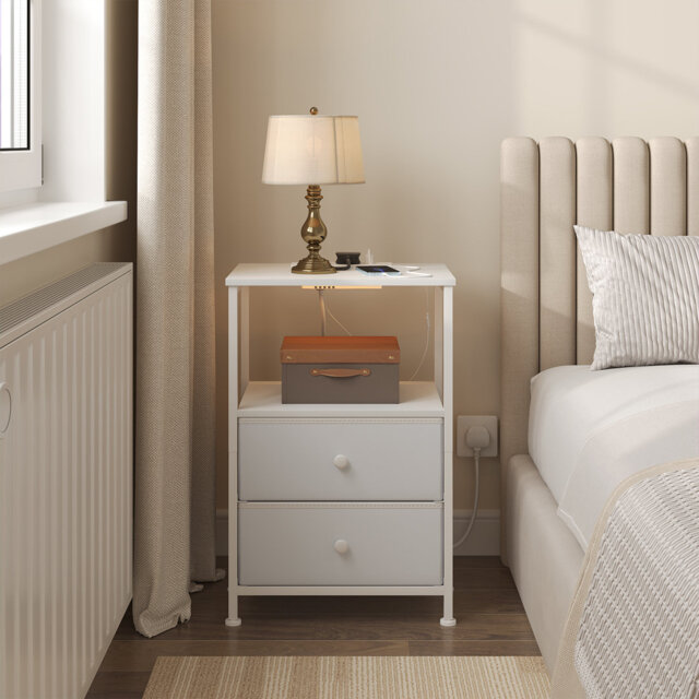 Set Of 2 Bedside Tables With Charging Station, Nightstands Bedside Cabinets With Led Lights, 2 Drawers 1 Open Shelf, Side Tables For Living Room Bedro