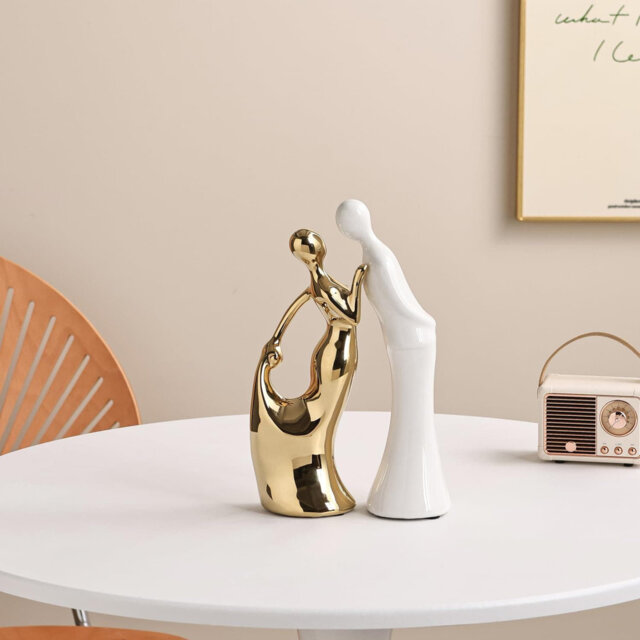 White and Silver Ceramic Couple Statue, Modern Abstract Lover Sculpture for Living Room Bedroom Bookshelf Table Decor