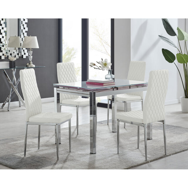 Tierra Modern Glass & Metal Extendable Dining Table Set & 4 Luxury Faux Leather Dining Chairs