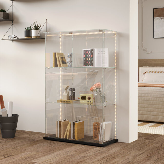 "48.5"" Glass Display Cabinet With Shelves, Floor Standing Curio Display Cabinets With LED And 2 Doors, Modern Display Case For Living Room Bedroom"