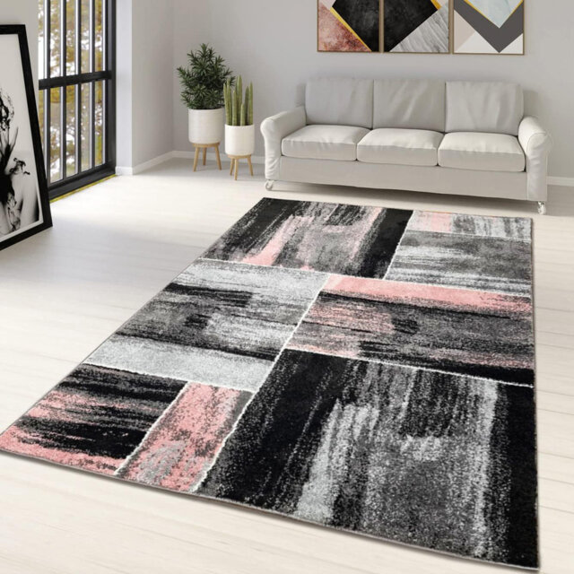 Modern Pink Grey Black Rug Abstract Geometric Patter