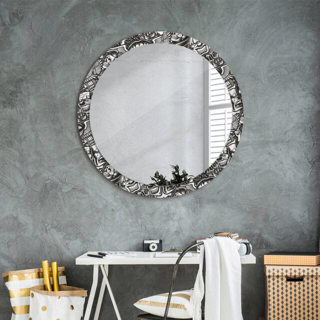 Huldar Round Glass Framed Wall Mounted Accent Mirror in Black/White/Grey
