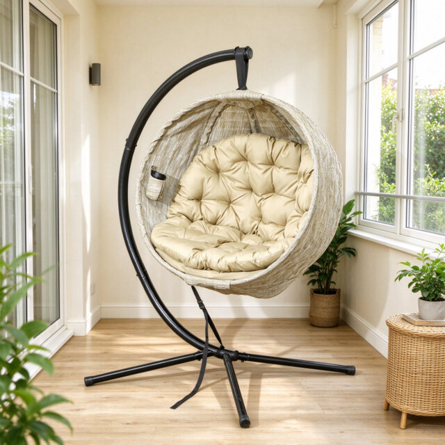 Hanging Egg Chair Outdoor Indoor Garden Swing Chair with Folding Basket, Garden Hanging Chair with Stand, Thickened Cushion, Cup Holder for Patio, Bal