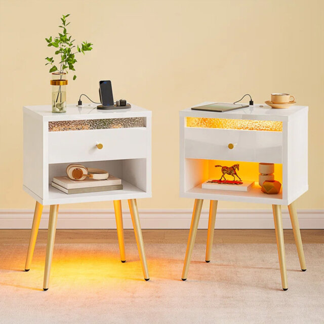 Nightstand Set Of 2, Bedside Table With 1 Storage Drawer Charging Station And Led Open Shelf