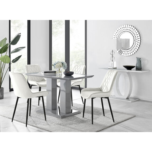 Edzard Double Pedestal High Gloss Dining Table Set with 4 Luxury Velvet Dining Chairs