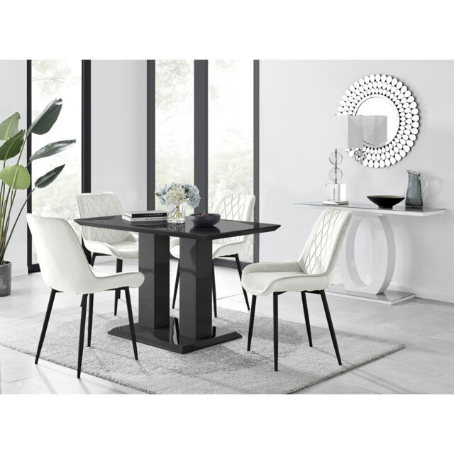 Edzard Double Pedestal High Gloss Dining Table Set with 4 Luxury Velvet Dining Chairs