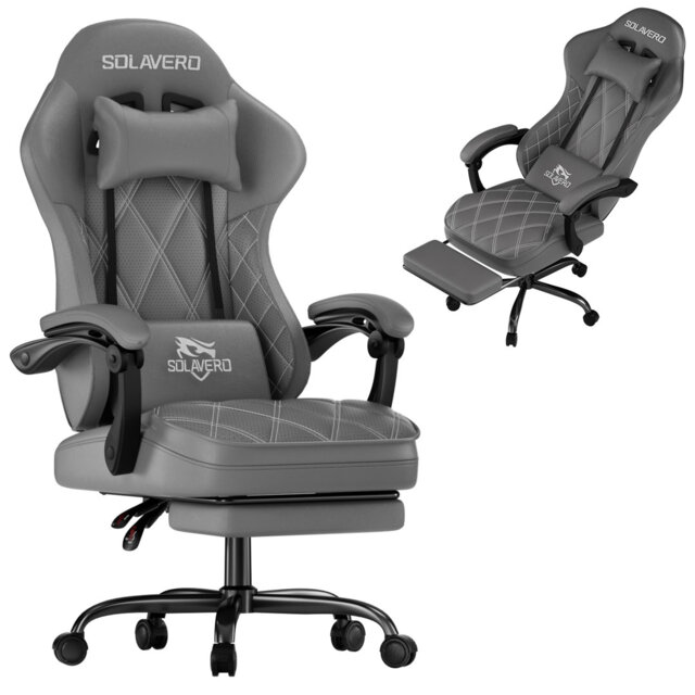 Ergonomic Gaming Chair with Massage Lumbar Pillow & Footrest, Linkage Armrest Reclining Office Chair, Breathable PVC Leather Computer Desk Chair, Mult