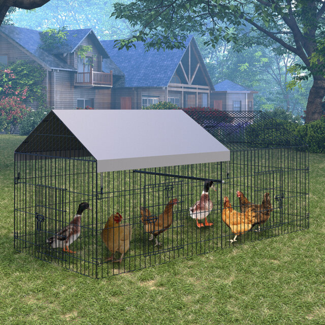 Metal Walk-In Chicken Coop with Galvanized Steel and Waterproof Cover, 4 Doors and Window, 218L x 102W x 102H cm