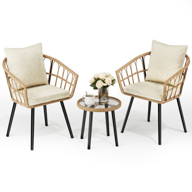 3 Piece Bistro Set, Rattan Garden Furniture Set with Tempered Glass Table, 2 Chairs, Removable Cushions, Patio Set for Porch, Garden, Deck, Beige