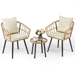 3 Piece Bistro Set, Rattan Garden Furniture Set with Tempered Glass Table, 2 Chairs, Removable Cushions, Patio Set for Porch, Garden, Deck, Beige