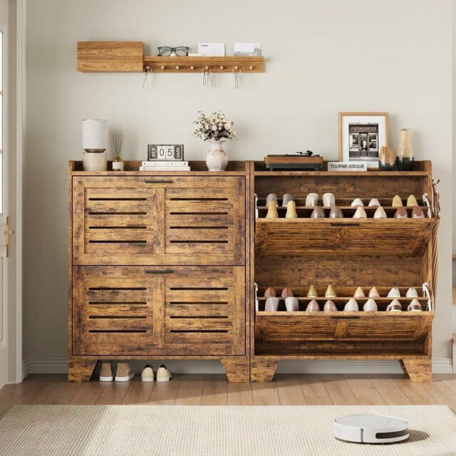 Farmhouse Slim Shoe Cabinet with 2 Flip Drawers & Hooks for Entryway