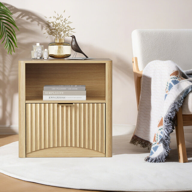 "22.8"" Wide Fluted Nightstand with Drawer and Storage, Mid Century Modern Nightstand, Fluted Nightstand for Bedroom Sofa Office"