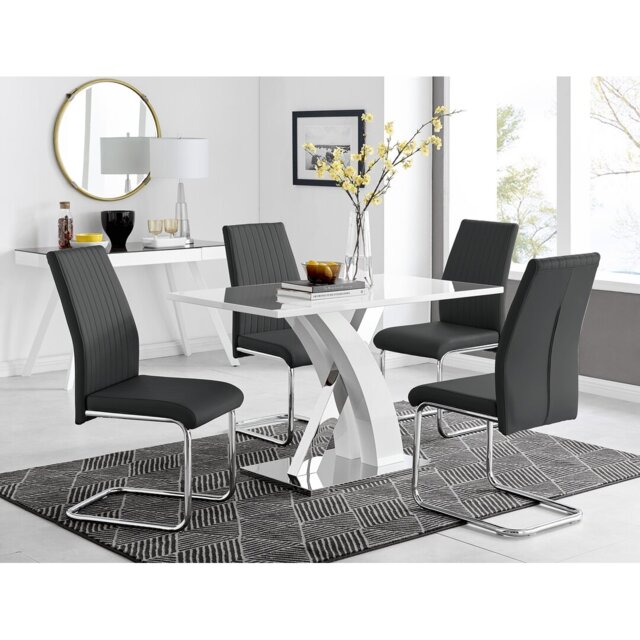 Marietta Chrome Metal and White High Gloss Dining Table Set - 4 Luxury Faux Leather Dining Chairs
