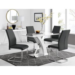 Marietta Chrome Metal and White High Gloss Dining Table Set - 4 Luxury Faux Leather Dining Chairs