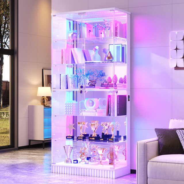 6-Tier Tempered Glass Display Cabinet with Motion Sensor RGB Lights, Lockable Tall Curio Cabinet