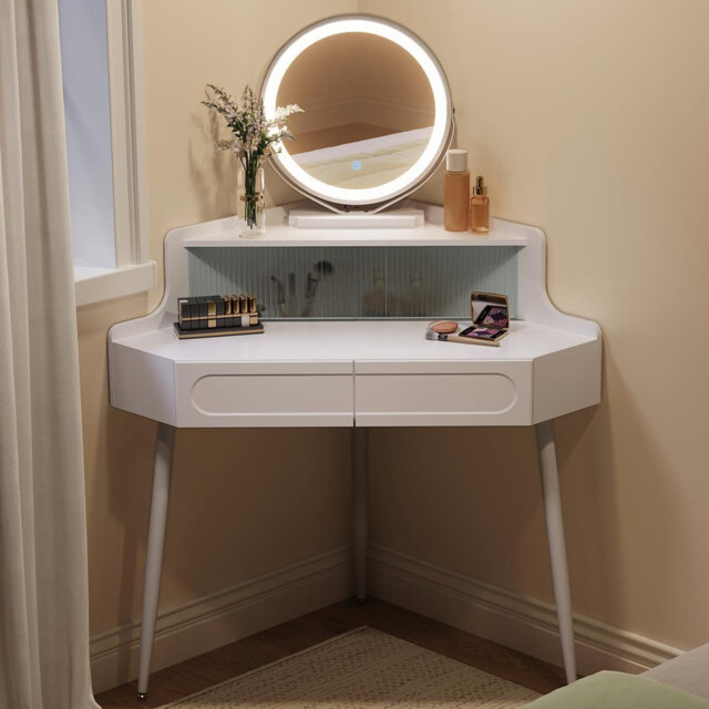 Dressing table with mirror, with lighting, adjustable brightness, dressing table with 2 drawers, 1 compartment with glass front, modern cosmetic table