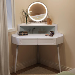Dressing table with mirror, with lighting, adjustable brightness, dressing table with 2 drawers, 1 compartment with glass front, modern cosmetic table