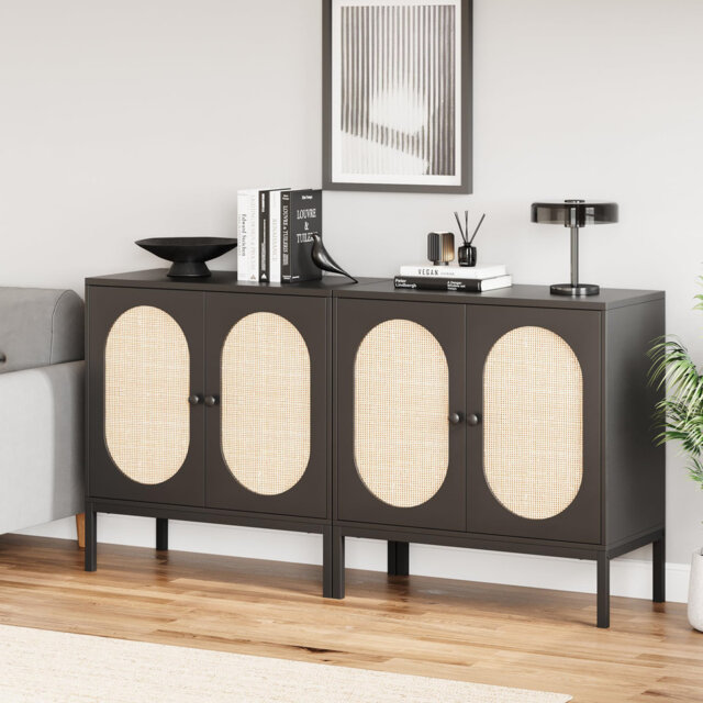 Set of 2 Modern Rattan Coffee Tables with Adjustable Shelves – Wooden Storage Sideboard Units with Metal Legs – Accent Storage for Dining Room, Kitche