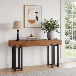 Modern Industrial Narrow Console Table, 63 Inch Entryway Sofa Table for Behind Couch - Rustic Wood Top, Sturdy Metal Legs, Space-Saving Slim Design, E