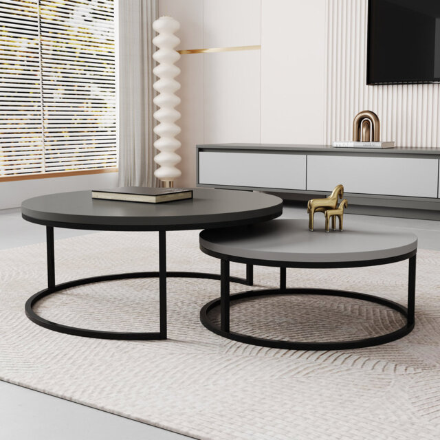 Modern Nesting Coffee Tables Set of 2, Round Walnut Wood Top with Black Metal Frame, Contemporary Living Room Tables 80cm x 60cm Modular Table