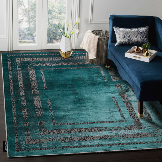 Modern de Luxe rug for the living room, bedroom, vintage frame - textured green / anthracite