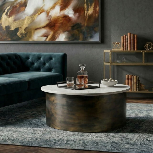 Freeform White Marble Coffee Table with Black Aluminium Base