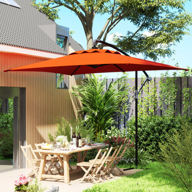 3m Orange Offset Cantilever Parasol, Steel Pole Banana Patio Umbrella With Crank Handle And Cross Base