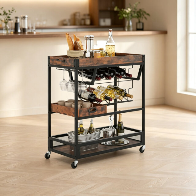 Wine Bottle & Glass Rack Rustic Brown & Black