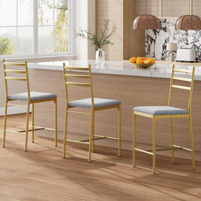 Modern Comfort Bar Stools Set – Upholstered PU Leather Counter Height Dining Chairs with Back & Footrest, Gold, 2-Pack