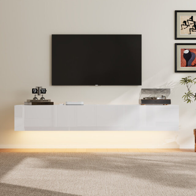 160cm Floating TV Unit, 3 Drawers & 3-Color LED Light, Wall Mount or Floor Stand, White