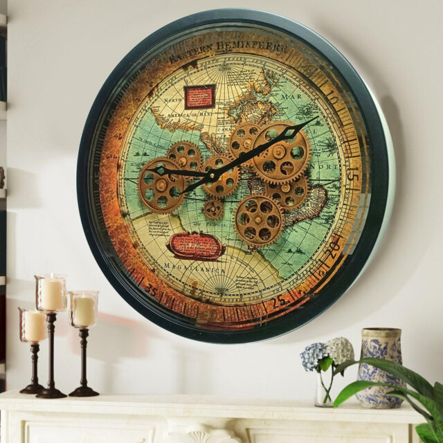 Wall Clock with Real Moving Gears PO-LI_ 18 in Round BLACK-ANTIQUE