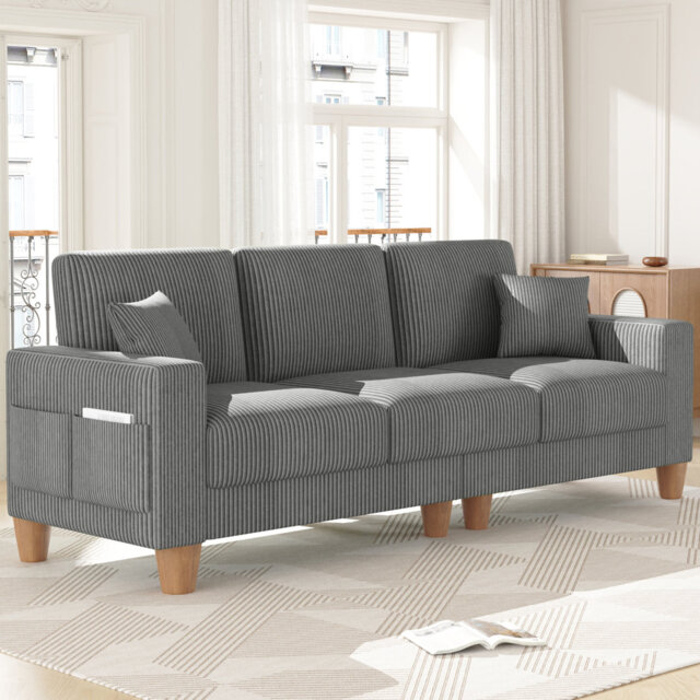 Oversize Sofa 256cm Corduroy Sofa with 3 Seats, No Tool Assembly,Solid Wood Frame and Solid Wood Legs