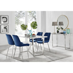 Kylooe Modern Marble Effect And Silver Dining Table Set With 4 Luxury Velvet Dining Chairs