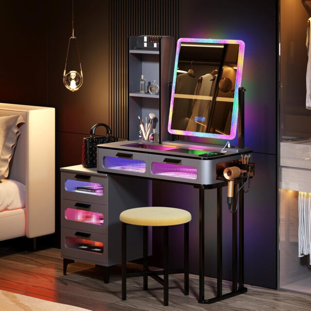 Dressing Table with Human Sensor RGB Lights, Tempered Glass Top, and Quick-Charging Station