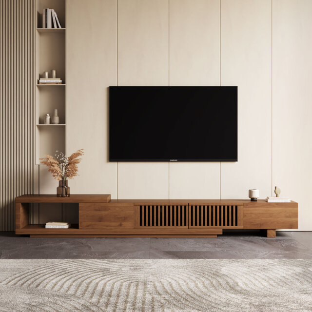 Expandable TV Stand Cabinet (2m-2.6m), Modern Slatted Walnut Finish, for 75-100 Inch TVs, Large Media Unit with Cable Ports & Ample Storage  for Livin
