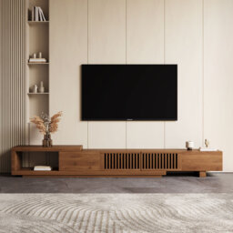 Expandable TV Stand Cabinet (2m-2.6m), Modern Slatted Walnut Finish, for 75-100 Inch TVs, Large Media Unit with Cable Ports & Ample Storage  for Livin